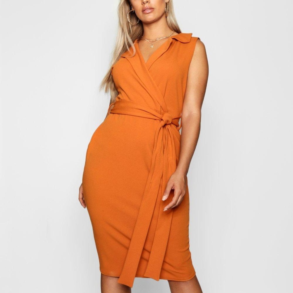 Plus Crepe Sleeveless Blazer Midi Dress in Ginger